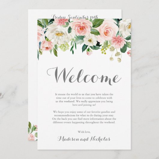 ピンクホワイトフラワー結婚ズホテルウェルカムカード プログラム (正面/裏面)