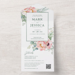 ピンクホワイトフラワー結婚式招待状 オールインワン招待状