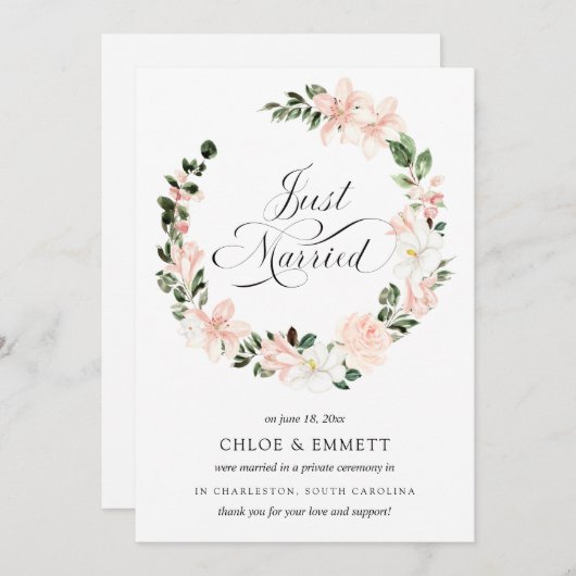 ピンクホワイトフローラたった今結婚しました 案内状 (正面/裏面)