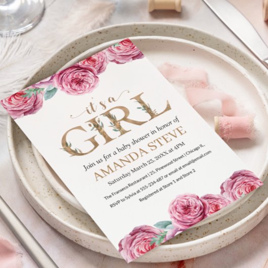ピンクホワイトフローラガールベビーシャワー招待状 招待状