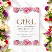 ピンクホワイトフローラガールベビーシャワー招待状 招待状