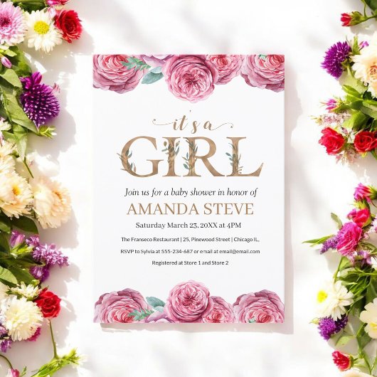 ピンクホワイトフローラガールベビーシャワー招待状 招待状