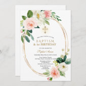 ピンクホワイトフローラガール1st誕生日&バプテスマ 招待状 (正面/裏面)