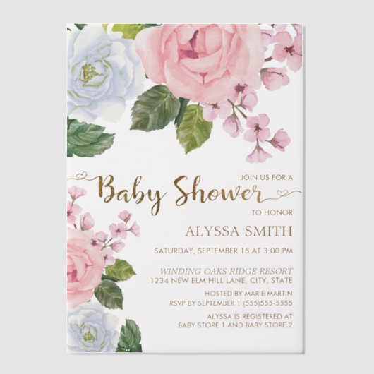 ピンクホワイトフローラグリーンリーベビーガール ベラム紙招待状 (正面)