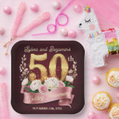 ピンクホワイトフローラゴールデン結婚50周年 ペーパープレート (パーティー)