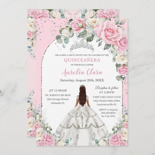 ピンクホワイトフローラシルバーアーチキンセアニェラスウィート16 招待状 (正面/裏面)