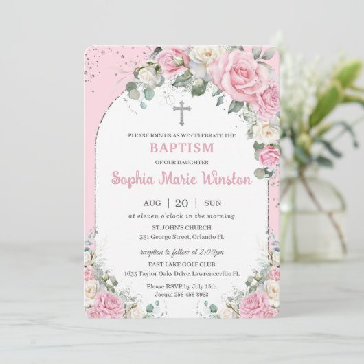 ピンクホワイトフローラシルバーアーチバプテスマ《キリスト教》洗礼式や命名式 招待状 (スタンド正面)