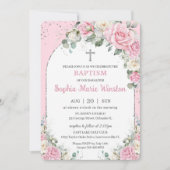 ピンクホワイトフローラシルバーアーチバプテスマ《キリスト教》洗礼式や命名式 招待状 (正面)