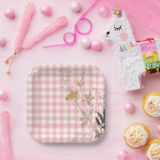 ピンクホワイトフローラジンガムプレイドカントリーファームハウス ペーパープレート (パーティー)