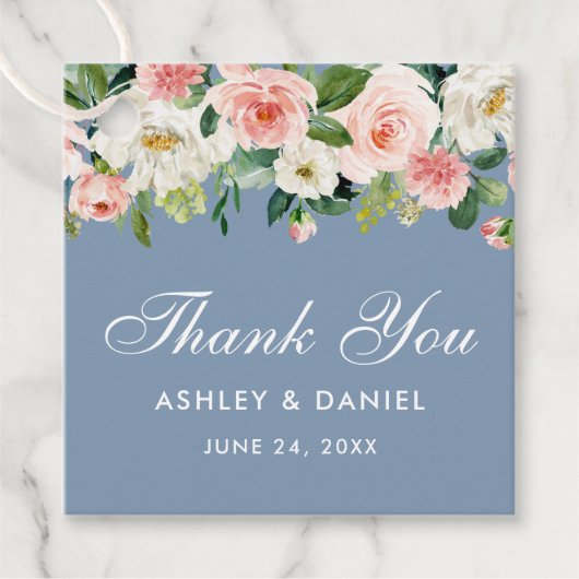 ピンクホワイトフローラダスティ結婚ブルーありがとう フェイバータグ (正面)