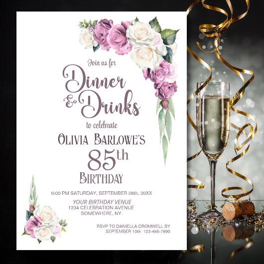 ピンクホワイトフローラディナー&ドリンク85誕生日 招待状