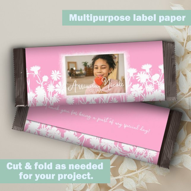 ピンクホワイトフローラバルミツワーキャンディバーラッパ (Pink, white botanical wild flowers bat mitzvah personalized chocolate bar wrapper DIY cheap budget)