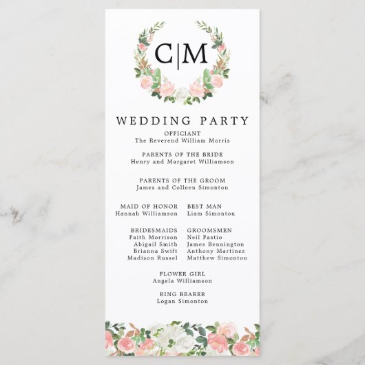 ピンクホワイトフローラモノグラムリース結婚式 プログラム (裏面)