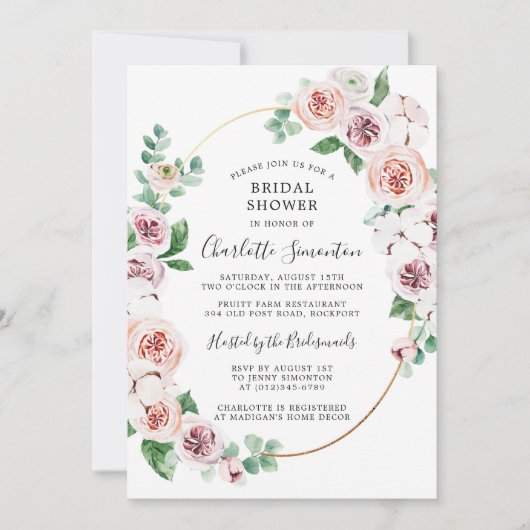 ピンクホワイトフローラユーカリブライダルシャワー 招待状 (正面)