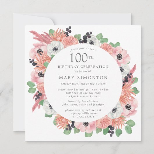 ピンクホワイトフローラユーカリ100thバースデーパーティー 招待状 (正面)