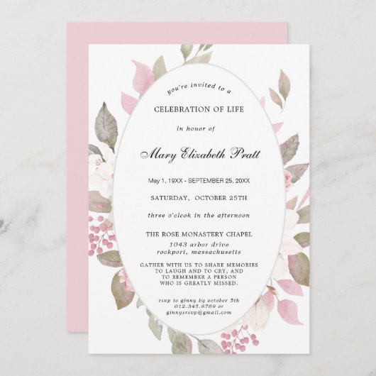 ピンクホワイトフローラライフお祝い 招待状 (正面/裏面)