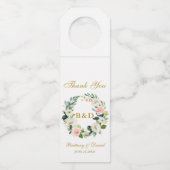 ピンクホワイトフローラリース金ゴールドモノグラム結婚ズ ボトルネックタグ (正面)