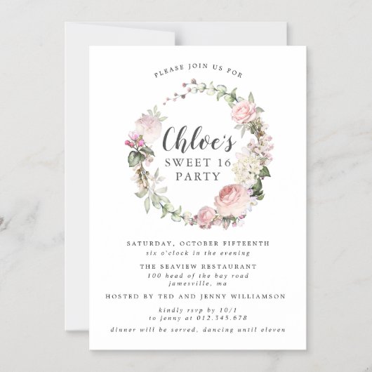 ピンクホワイトフローラリースSweet sixteenパーティー マグネット招待状 (正面)