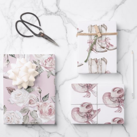 ピンクホワイトフローラ女性のカーボーイブーツ誕生日 ラッピングペーパーシート (正面)
