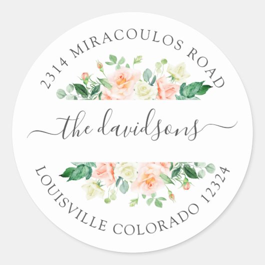 ピンクホワイトフローラ差出人住所封筒用シール ラウンドシール (正面)