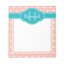 ピンクホワイトフローラ格子パターンティール（緑がかった色）モノグラム