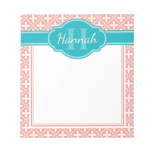 ピンクホワイトフローラ格子パターンティール（緑がかった色）モノグラム ノートパッド (正面)