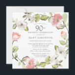 ピンクホワイトフローラ植物学90th誕生日パーティー 招待状<br><div class="desc">この90歳の誕生日パーティエレガントの招待で特別な女性を尊重する。柔らかいセージの緑の花に囲まれたピンクと白の葉花型枠の植物体モダン。すべての文字を編集できるため、特別なお祝いを完全に記述できる</div>