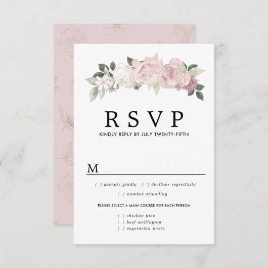 ピンクホワイトフローラ結婚式RSVPカード、食事オプション 出欠カード (正面/裏面)