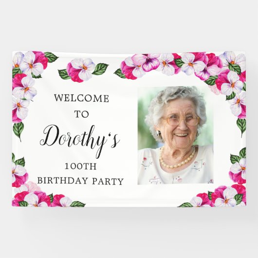 ピンクホワイトフローラ100th誕生日へようこそ 横断幕 (横)