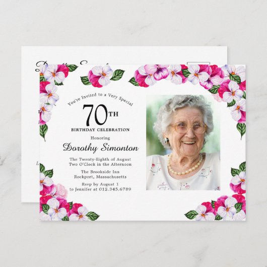 ピンクホワイトフローラ70誕生日 インビテーションポストカード (正面/裏面)