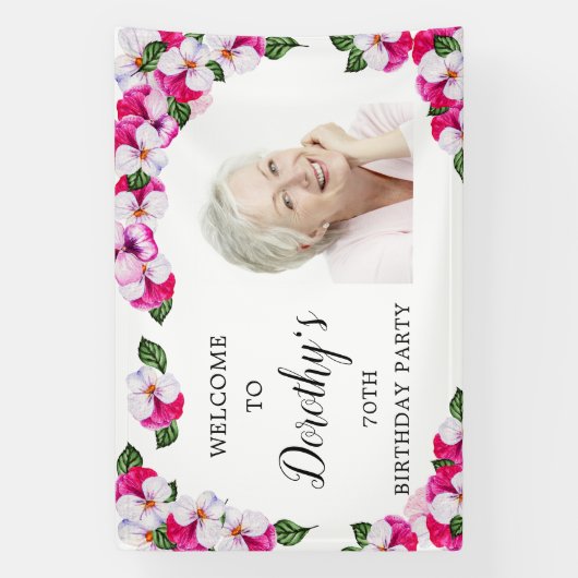 ピンクホワイトフローラ70th誕生日へようこそ 横断幕 (縦)