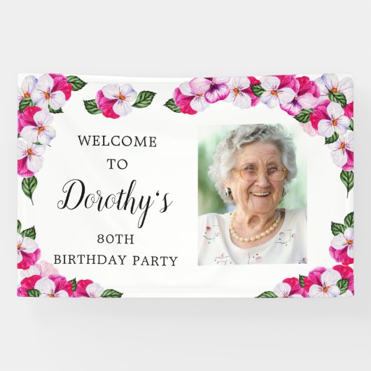 ピンクホワイトフローラ80th誕生日へようこそ 横断幕 (横)