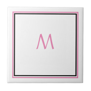 ピンクホワイトブラックモノグラムイニシャル名前をカスタムするプレゼント タイル