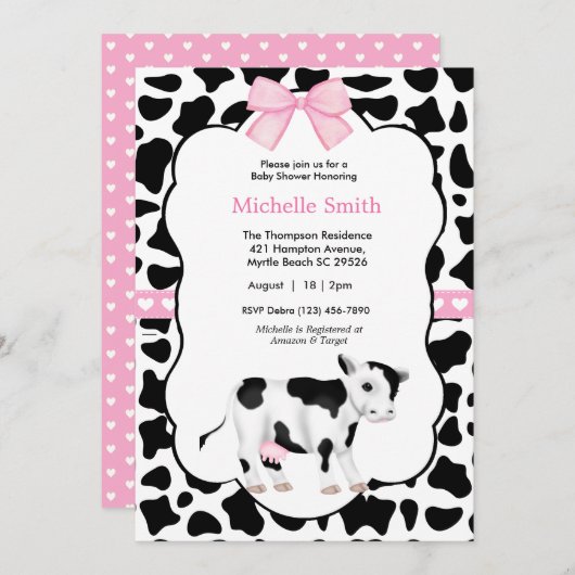 ピンクホワイトブラック牛プリントベビーシャワー招待状 招待状 (正面/裏面)