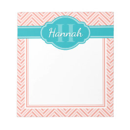 ピンクホワイトヘリンボーンパターンティール（緑がかった色）モノグラム ノートパッド