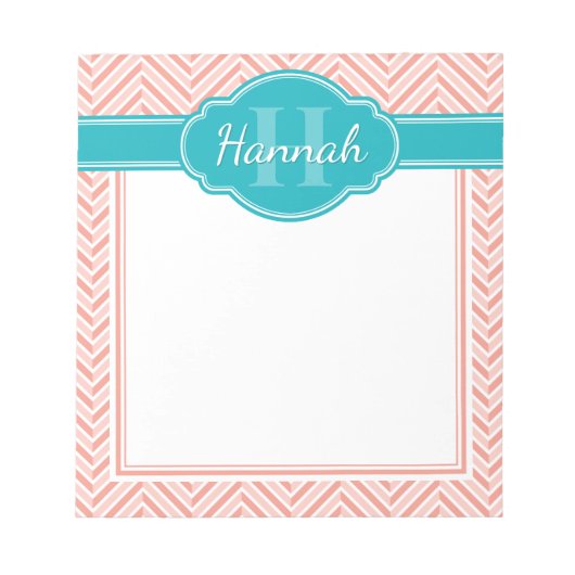 ピンクホワイトヘリンボーンパターンティール(緑がかった色)モノグラム ノートパッド (正面)