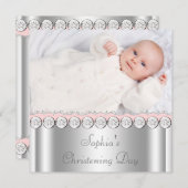 ピンクホワイトベビーガールフォト《キリスト教》洗礼式や命名式 招待状 (正面/裏面)