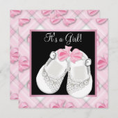 ピンクホワイトベビーシューズピンクブラックベビーガールシャワー 招待状 (正面/裏面)