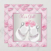ピンクホワイトベビーシューズピンクベビーガールシャワー 招待状 (正面/裏面)