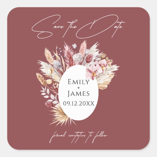 ピンクホワイトボーホパンパフローラ結婚フレーム スクエアシール (正面)