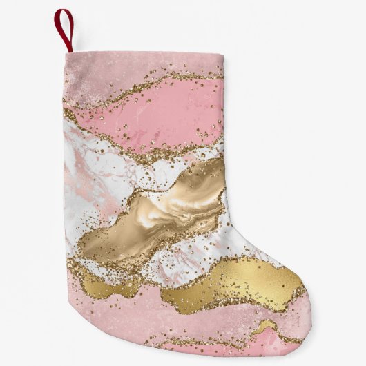 ピンクホワイトマーブル金ゴールドグリッター スモールクリスマスストッキング (正面)