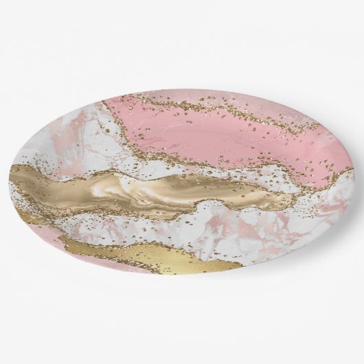 ピンクホワイトマーブル金ゴールドグリッター ペーパープレート (アングル)