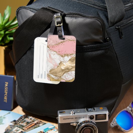 ピンクホワイトマーブル金ゴールドグリッター ラゲッジタグ (正面&裏面)