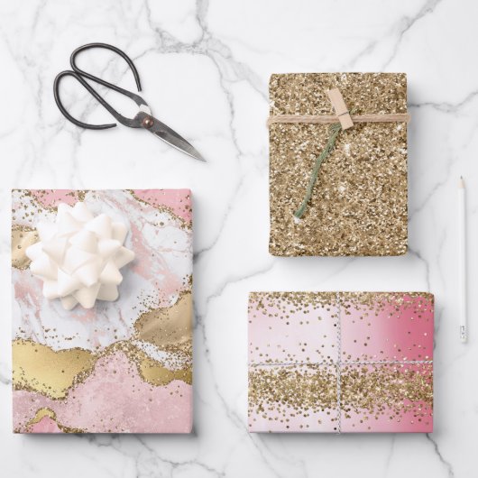 ピンクホワイトマーブル金ゴールドグリッター ラッピングペーパーシート (正面)