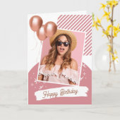 ピンクホワイトミニマルハッピーバースデー折り畳み カード (黄色い花)