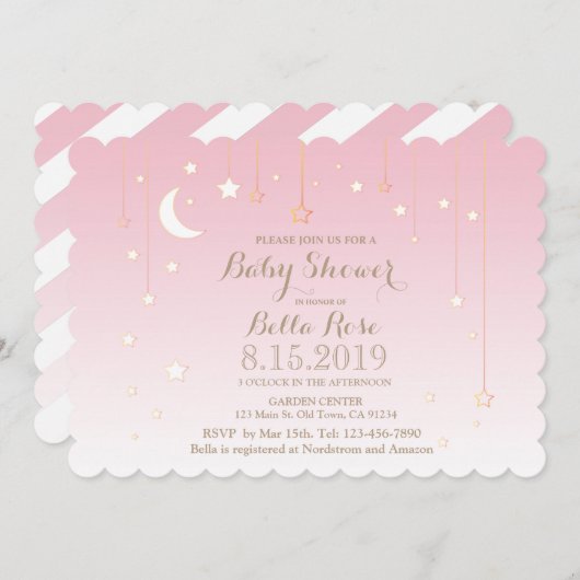 ピンクホワイトムーンスターガールベビーシャワー招待状 招待状 (正面/裏面)