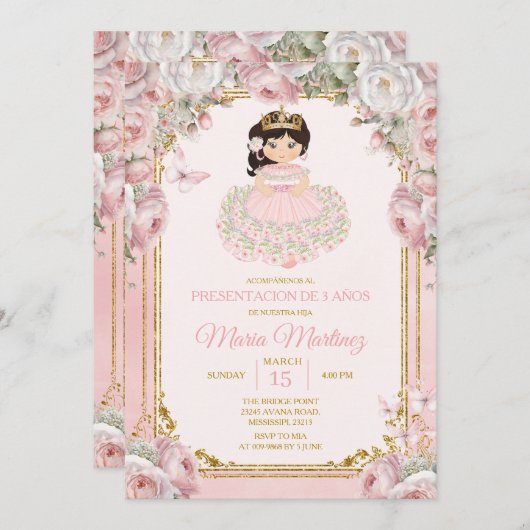 ピンクホワイトメキシカンニーニャプレゼンタシオンデトレアノス 招待状 (正面/裏面)