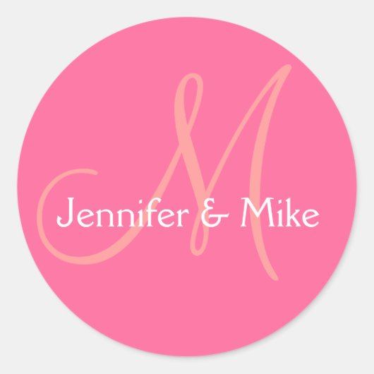 ピンクホワイトモノグラム結婚式の引き出物シール ラウンドシール (正面)