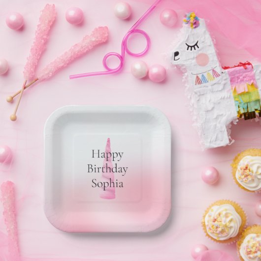 ピンクホワイトユニコーン誕生日 ペーパープレート (パーティー)