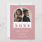 ピンクホワイトレトロアーチフォト卒業パーティー 招待状 (正面)